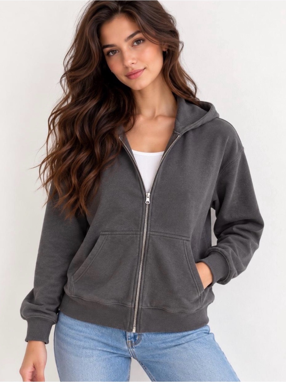 Hollister Charcoal Gray Zip-Up Hoodie Feel Good Easy Zip-Up Hoodie